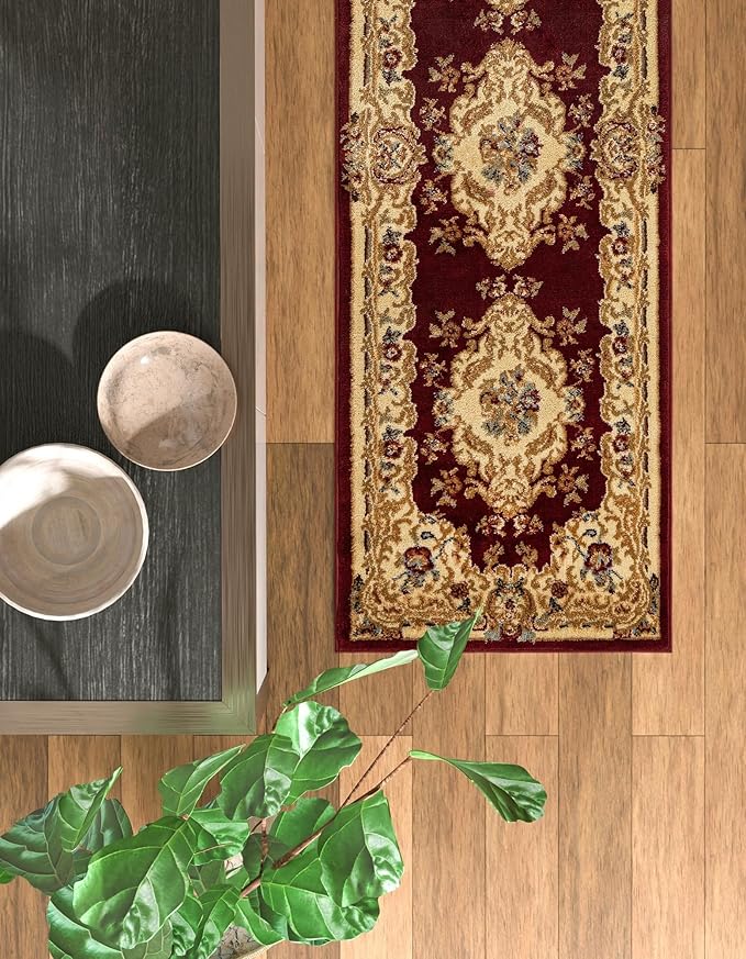 Rugs.com Chateau Collection Rug – 10 Ft Runner Red Medium-Pile Rug Perfect for Hallways, Entryways