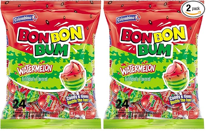 Colombina Bon Bon Bum Lollipops w/Bubble Gum Center, Watermelon Flavor, Individually Wrapped, Ideal for Party Favors and Gifts, 2 Pack (24 Count)