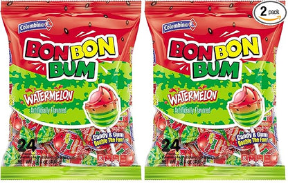 Colombina Bon Bon Bum Lollipops w/Bubble Gum Center, Watermelon Flavor, Individually Wrapped, Ideal for Party Favors and Gifts, 2 Pack (24 Count)