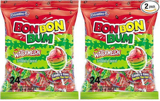 Colombina Bon Bon Bum Lollipops w/Bubble Gum Center, Watermelon Flavor, Individually Wrapped, Ideal for Party Favors and Gifts, 2 Pack (24 Count)