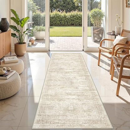 2x7 Runner Rug Non Slip, Thin Entryway Washable Rug for Entryway, Runners for Hallways, Low Pile Vintage Abstract Soft Rugs for Living Room, Kitchen, Bedroom(2'x7', Beige/Ivory)