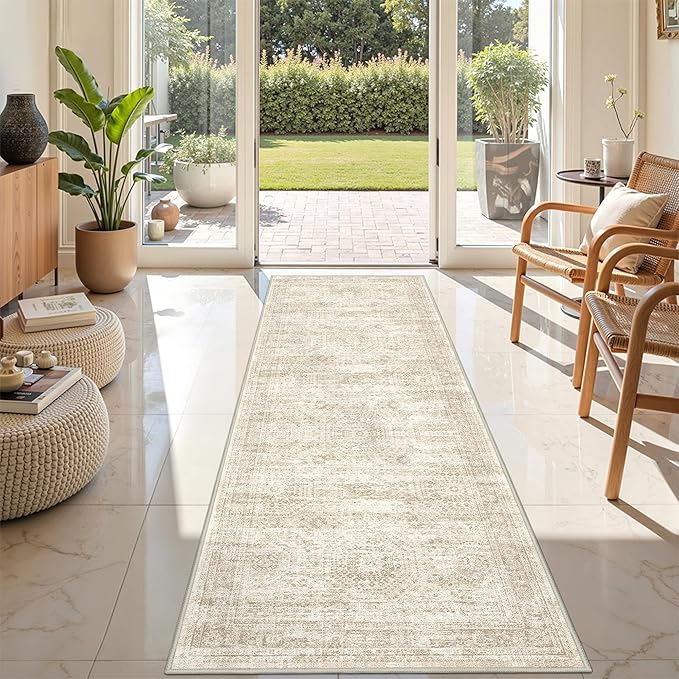 Kitchen Runner Rug Non Slip - 2.5 x 8 Runners for Hallways, Entryway, Bedroom, Washable Runner Rugs for Bathroom, Laundry Room, Low Pile Soft Vintage Area Rug(2.5'x8', Beige/Ivory)