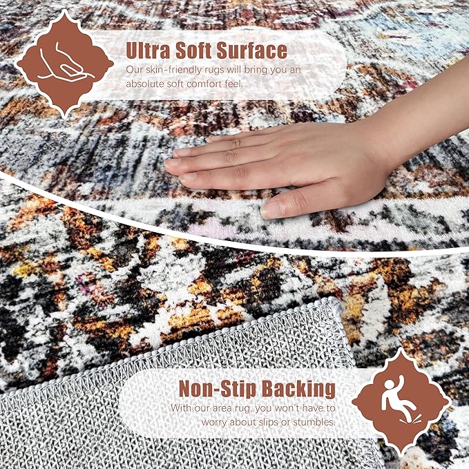 2'6'' x 8' Washable Area Rug - Low Pile Soft Vintage Indoor Rug for Living, Dining or Bedroom - Lightweight Carpet with Non-Slip Backing - Foldable for Easy Placement, Multi