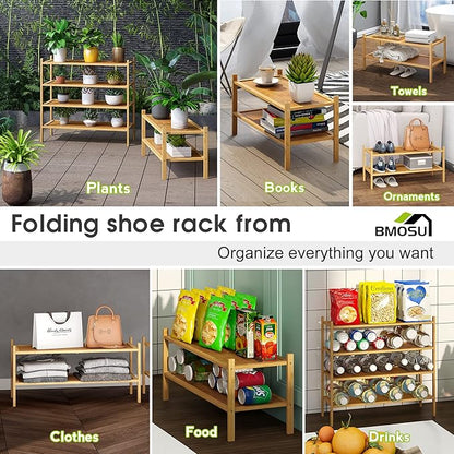 BMOSU 2-Tier Bamboo Shoe Rack Premium Stackable Shoe Shelf Storage Organizer for Hallway Closet Living Room Entryway Organizer(Natural)