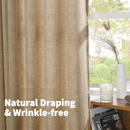 YoungsTex Short Linen Semi Sheer Curtains 45 Inch Length for Kitchen Window, Burlap Textured Drapes with Bronze Grommet Light Filtering for Cafe Bathroom Bedroom, Toffee, 2 Panels, 42 X 45 Inch