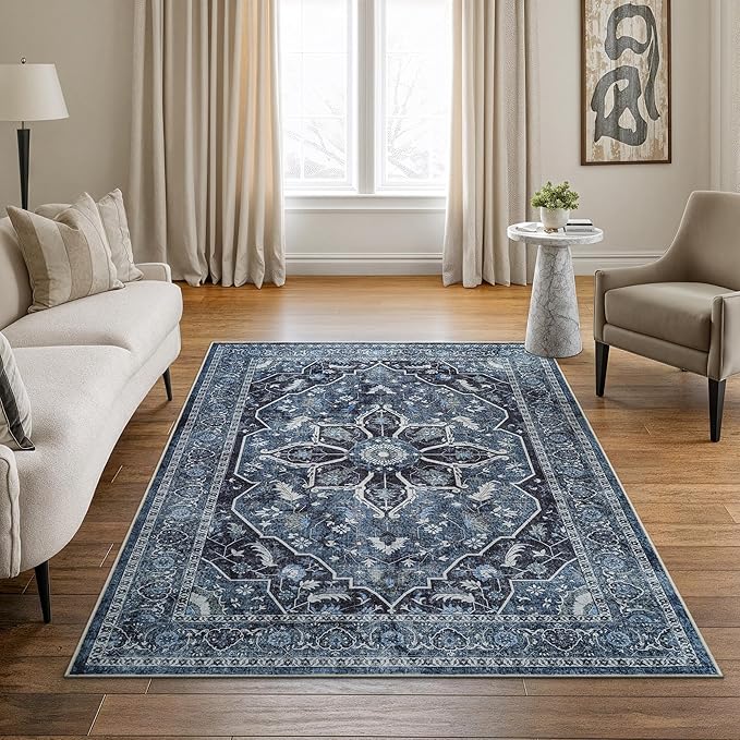 Bloom Rugs Caria Washable Non-Slip 5x7 Rug - Blue/Charcoal Traditional Area Rug for Living Room, Bedroom, Dining Room, and Kitchen - Exact Size: 5' x 7'