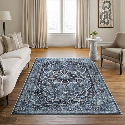 Bloom Rugs Caria Washable Non-Slip 5x7 Rug - Blue/Charcoal Traditional Area Rug for Living Room, Bedroom, Dining Room, and Kitchen - Exact Size: 5' x 7'