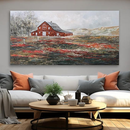 Farmhouse Wall Art Canvas Picture Red Rustic Barn Farm Artwork Decor Country Landscape Panoramic Countryside Rural Nature Scene Painting for Living Room Bedroom Office Decor Wall Decor 29"x58"