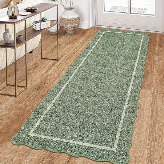 GarveeHome Scalloped Washable Runner Rug 2x6 Runner Modern Non Slip Kitchen Rugs Farmhouse Entryway Rug Soft Bathroom Rugs Stain Resistant Carpet for Laundry Bedroom 2 ft x6 ft Greyish Green