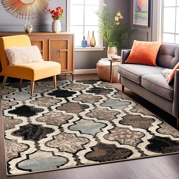 Superior Indoor Large Area Rug, Jute Backed, Perfect for Living/ Dining Room, Bedroom, Office, Kitchen, Entryway, Modern Geometric Trellis Floor Decor, Viking Collection, 6' x 9', Ivory