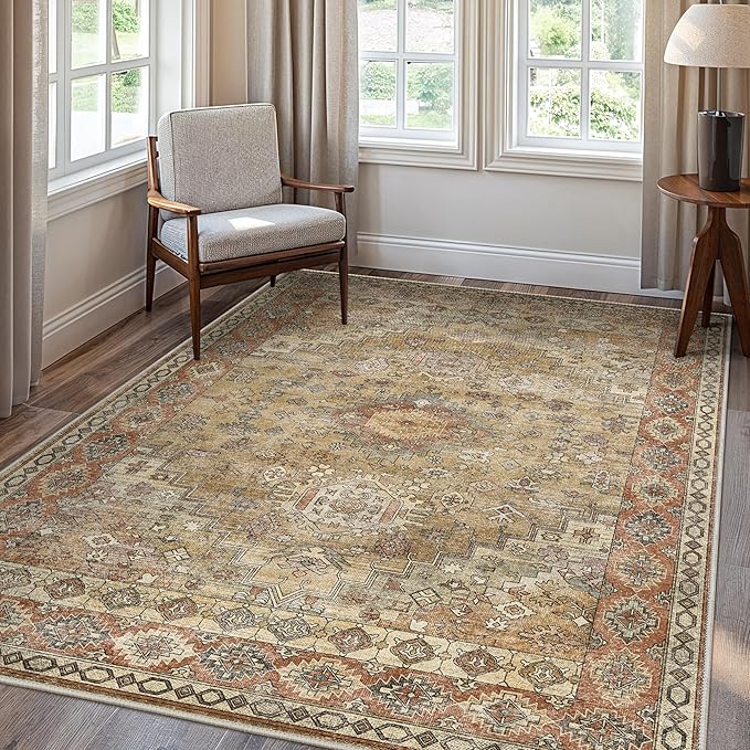 GENIMO Machine Washable 8x10 Area Rugs for Living Room, Non Slip Vintage Rugs, Low Pile Lightweight Chenille Print Rug for Bedroom, Dining Room, Home Office, Taupe Mocha