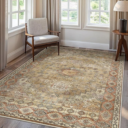 GENIMO Machine Washable 8x10 Area Rugs for Living Room, Non Slip Vintage Rugs, Low Pile Lightweight Chenille Print Rug for Bedroom, Dining Room, Home Office, Taupe Mocha