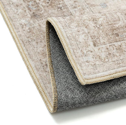 Beige 2x6 Runner Rug Washable Hallway Vintage Carpet Low Pile Non Slip Distressed Soft Traditional Retro Oriental Long Accent Throw Rug for Kitchen Bedroom Laundry Bathroom Dining Room