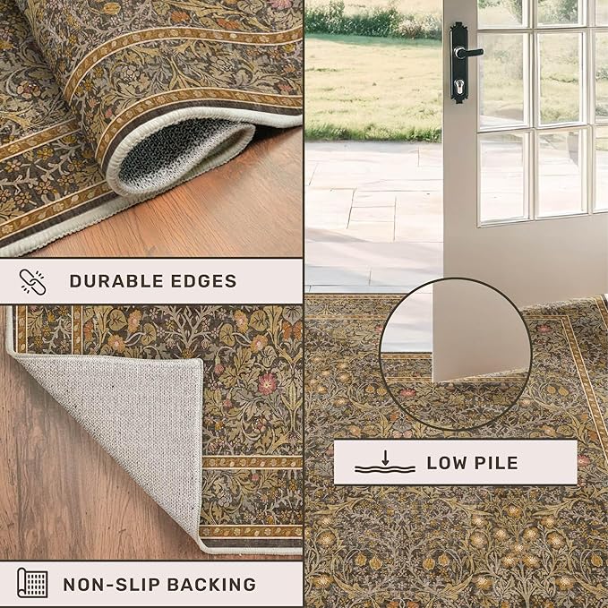Vintage Floral Living Room Rug 8x10, Gold Brown Washable Area Rugs for Bedroom, Dining Room Under Kitchen Table, Oriental Low Pile Non-Slip Large Indoor Carpet with Taupe Yellow Earthy Tones