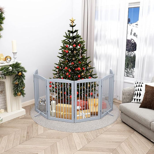 Freestanding Pet Gate for Dogs, Indoor Wooden Foldable Dog Gate for House, Extra Wide, Pet Fence for Stairs, Doorways, Halls, Support Feet Included, 120 Inch Wide, 6 Panels 32",Grey