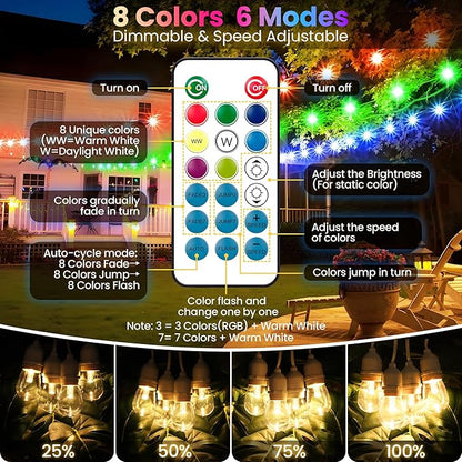 100FT(2x50FT) RGB Solar Outdoor String Lights with Remote, Dimmable Waterproof Patio Lights with 30 Bulbs for Porch Garden Bistro-White Cord