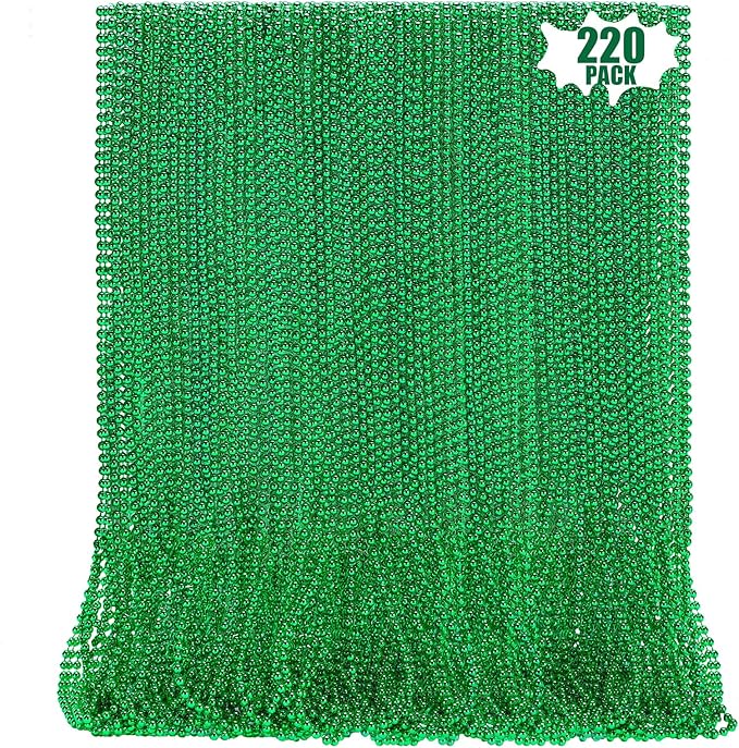 220 PCS Green Bead Necklace, 33 Inch Mardi Gras Christmas Beads, Bulk Metallic Party Beads for Mardi Gras Parade, St Patricks Day, Wedding, Birthday, Pirate Carnival Favors