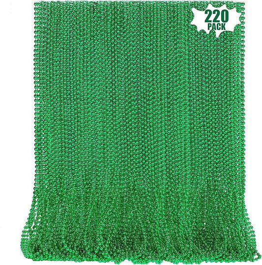 220 PCS Green Bead Necklace, 33 Inch Mardi Gras Christmas Beads, Bulk Metallic Party Beads for Mardi Gras Parade, St Patricks Day, Wedding, Birthday, Pirate Carnival Favors