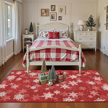 3x5 Christmas Area Rug for Entryway, Soft Kitchen Rugs Non Slip for Dining Room, Washable Snowflake Doormat, Red and White Christmas Porch Decor Indoor(3'x5', Red/White)