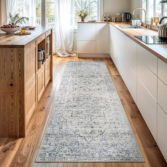 Bloom Rugs Caria Washable Non-Slip 12 ft Runner - Ivory/Blue/Gray Traditional Runner for Entryway, Hallway, Bathroom, and Kitchen - Exact Size: 2'6" x 12'