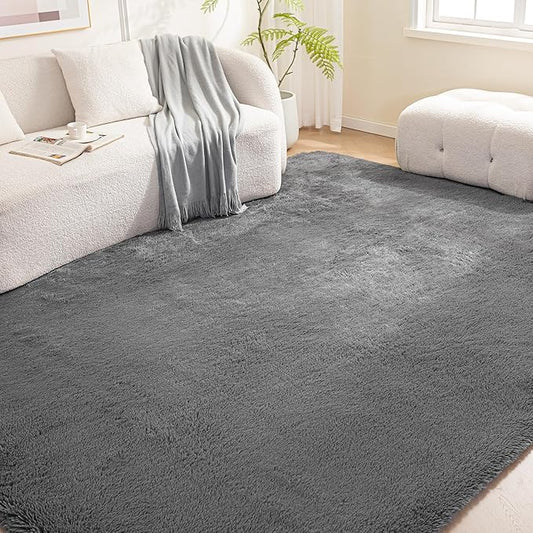 Amazon Basics Fluffy Washable Area Rug, Shaggy Carpet for Living Room, Bedroom, 8' W × 10' L, Dark Gray