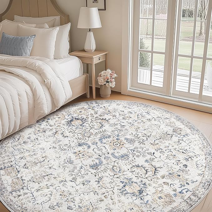 jinchan Round Rug 8ft Area Rug Washable Vintage Indoor Retro Accent Floor Cover Distressed Floral 8' Round Circle Boho Non Slip Thin Carpet for Living Room Dining Room Bedroom Kitchen Blue