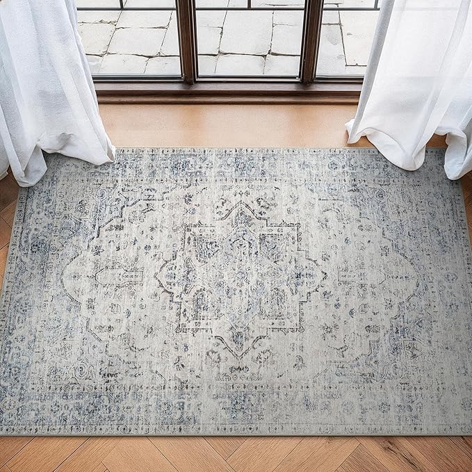 Bloom Rugs Caria Washable Non-Slip 3x5 Rug - Ivory/Blue/Gray Traditional Area Rug for Living Room, Bedroom, Dining Room, and Kitchen - Exact Size: 3' x 5'