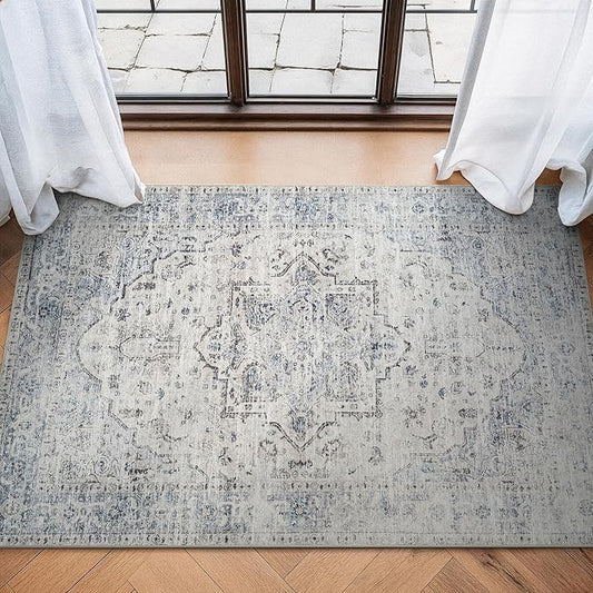 Bloom Rugs Caria Washable Non-Slip 3x5 Rug - Ivory/Blue/Gray Traditional Area Rug for Living Room, Bedroom, Dining Room, and Kitchen - Exact Size: 3' x 5'