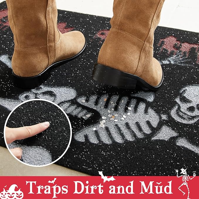 Halloween Door Mat, Halloween Doormat Outdoor Front Door Entrance Absorbent Entry Mat with Non Slip Backing, 24''x36'', Skeleton Black