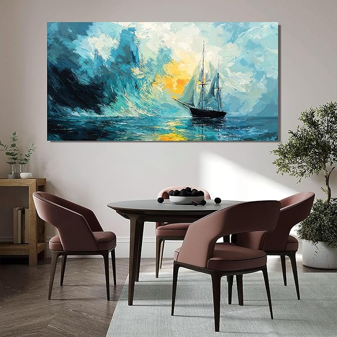Canvas Wall Art Decor Large Abstract Coastal Wall Art Prints Abstract Canvas Art Wall Decor Modern Blue Green Wall Art Decorations Artwork for Walls Foggy Boat Bedroom Office Decor 24" X 48"