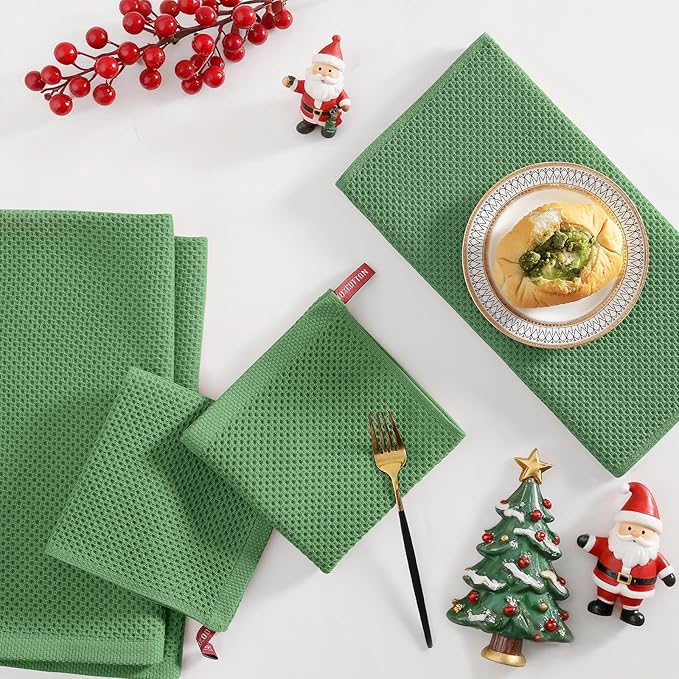 Homaxy 100% Cotton Kitchen Towels and Dishcloths Set, 12 x 12 Inches and 13 x 28 Inches, Set of 16 Bulk Kitchen Towels Set, Ultra Soft Absorbent Dish Cloths for Washing Dishes, Grass Green