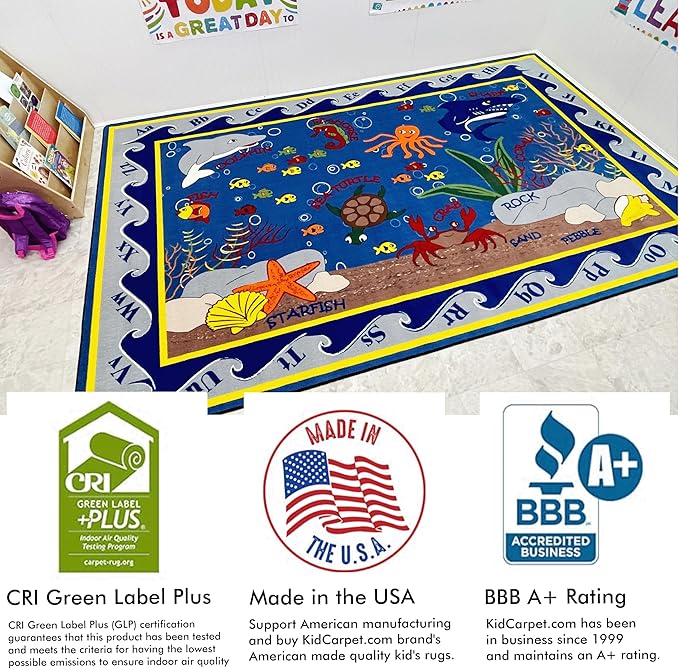 Fish in The Sea Educational Rug, 6' x 8'6" Rectangle, Educational Classroom Rug, Kids Learning Play Mat | Area Rug for Bedroom or Playroom