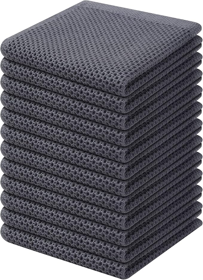 Kitinjoy 100% Cotton Kitchen Dish Cloths, 12 Pack Waffle Weave Ultra Soft Absorbent Dish Towels for Drying Dishes Quick Drying Kitchen Towels Dish Rags, 12 X 12Inch, Dark Grey