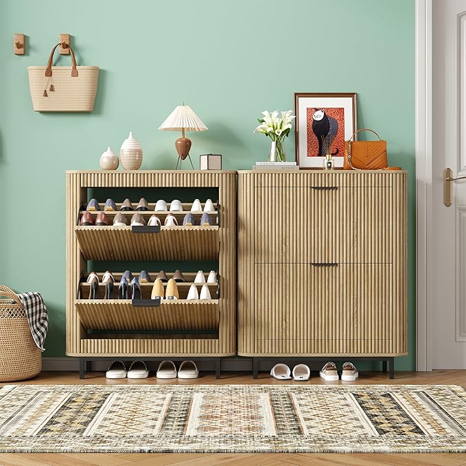 Shoe Cabinet with 4 Flip Drawers, Arc Narrow Wood Shoe Storage Cabinet with Fluted Panel and Metal Legs, Freestanding Wood Hidden Shoe Rack Cabinet for Foyer, Hallway, Nature-2