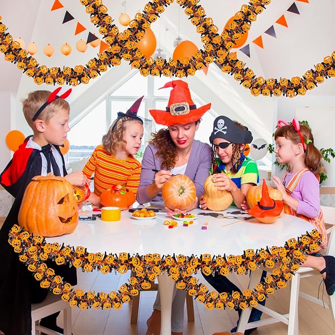 33FT Halloween Tinsel Garland with Orange Pumpkin Ornament, Shiny Metallic Twist Garland Outdoor Indoor Halloween Decorations for Home Table Office Classroom Fireplace Mantle Party Decor