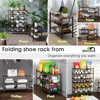 BMOSU 3-Tier Bamboo Shoe Rack Premium Stackable Shoe Shelf Storage Organizer for Hallway Closet Living Room Entryway Organizer(Brown)
