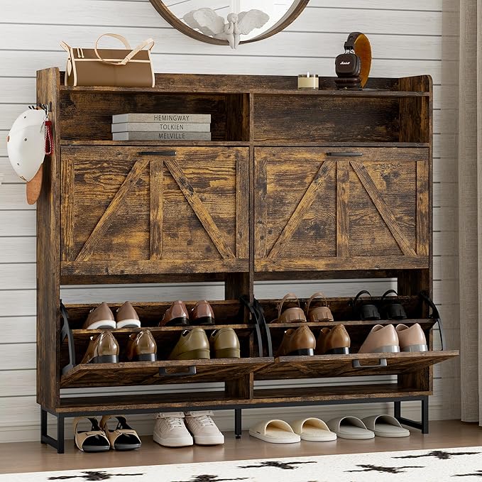 Shoe Cabinet with 4 Flip Drawers Narrow Shoe Storage Cabinet Organizer Wooden Freestanding Shoe Rack Hidden Slim Shoes Storage Cabinet for Entryway, Hallway, Living Room, Bedroom
