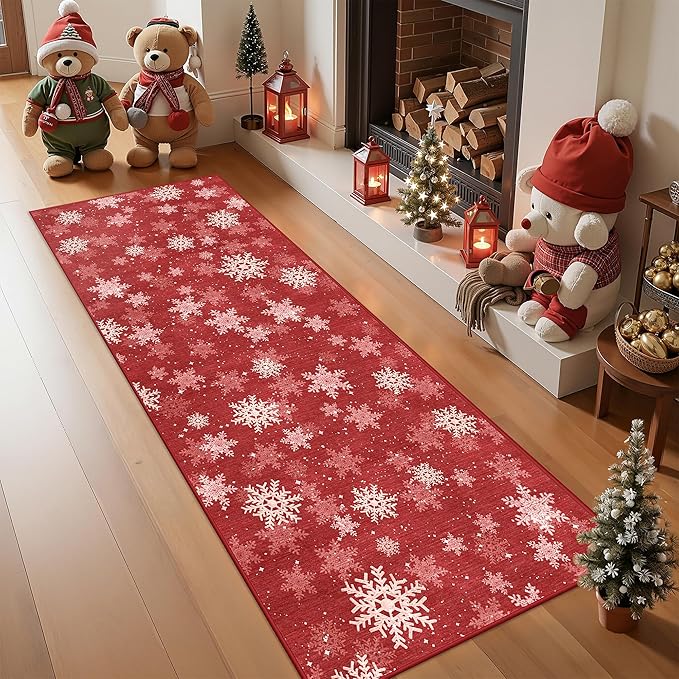2x6 Runner Rug Non Slip for Entrance, Washable Christmas Kitchen Rugs, Ultra-Thin Snowflake Bathroom Rug Runner, Soft Red and White Christmas Decor Indoor(2'x6', Red/White)