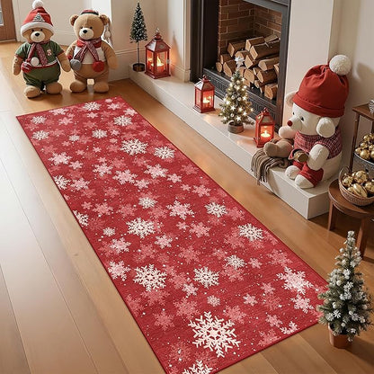 2x6 Runner Rug Non Slip for Entrance, Washable Christmas Kitchen Rugs, Ultra-Thin Snowflake Bathroom Rug Runner, Soft Red and White Christmas Decor Indoor(2'x6', Red/White)