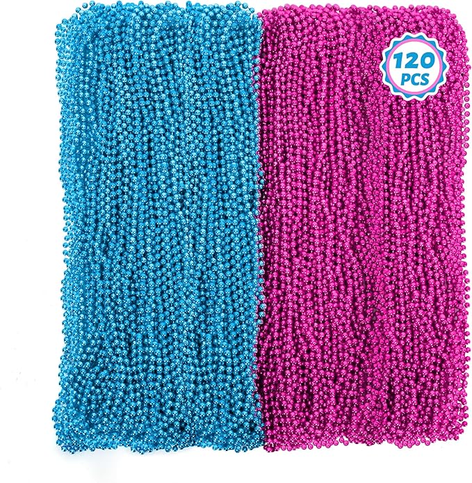 120 PCS Gender Reveal Beads, 33'' Gender Reveal Necklace Decorations, Pink and Blue Round Bead Necklaces Bulk, Creative Gender Reveal Party Supplies Accessories