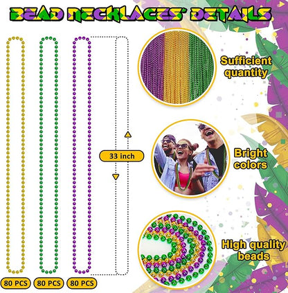 240PCS Mardi Gras Beads, Mardi Gras Beads Green Purple Gold Bulk, Metallic Round Necklaces Accessories Bulk, Necklace Costumes for Parade Throws Party Decorations Favor Supplies