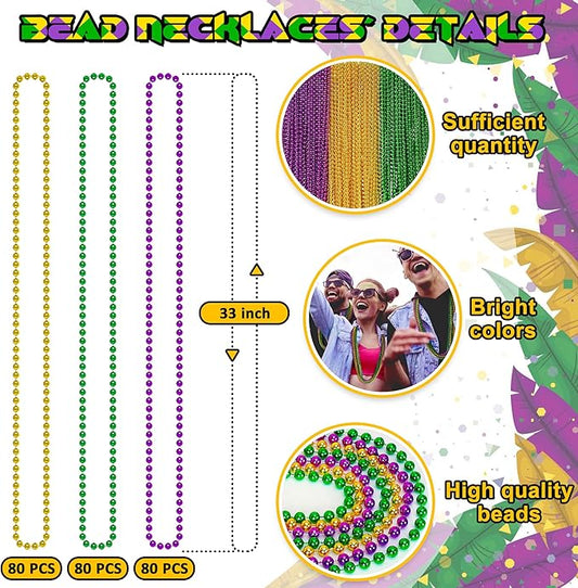 240PCS Mardi Gras Beads, Mardi Gras Beads Green Purple Gold Bulk, Metallic Round Necklaces Accessories Bulk, Necklace Costumes for Parade Throws Party Decorations Favor Supplies