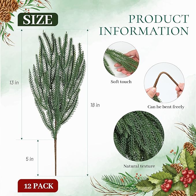 Der Rose 12Pcs Christmas Norfolk Pine Stems, 18 Inch Artificial Pine Branches Faux Cedar Stems Greenery Picks for Xmas DIY Crafts Wreath Garland Home Outdoor Christmas Decorations Indoor