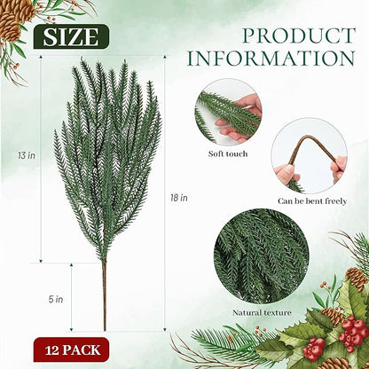 Der Rose 12Pcs Christmas Norfolk Pine Stems, 18 Inch Artificial Pine Branches Faux Cedar Stems Greenery Picks for Xmas DIY Crafts Wreath Garland Home Outdoor Christmas Decorations Indoor