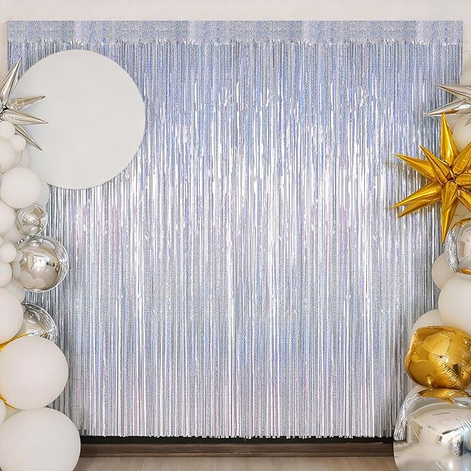 12 Pack Fringe Backdrop, 3.28 FT x 7.08 FT Glitter Silver Tinsel Curtain, Metallic Foil Curtains Party Streamer Disco Backdrop, Silver Party Decorations for New Year Birthday Holiday