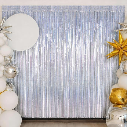 12 Pack Fringe Backdrop, 3.28 FT x 7.08 FT Glitter Silver Tinsel Curtain, Metallic Foil Curtains Party Streamer Disco Backdrop, Silver Party Decorations for New Year Birthday Holiday