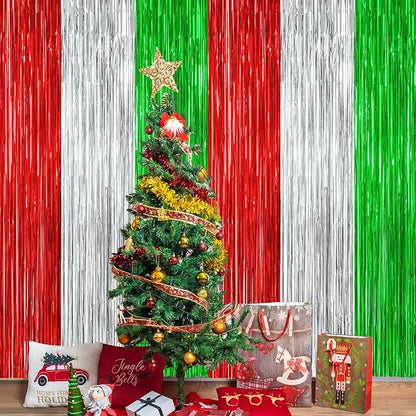 2 Pack Christmas Backdrop, 3.28 FT x 7.05 FT Red Silver Green Party Streamer, Metallic Xmas Backdrop Fringe Curtains Foil Tinsel, Christmas Decorations Wall Decor Photo Booth Props