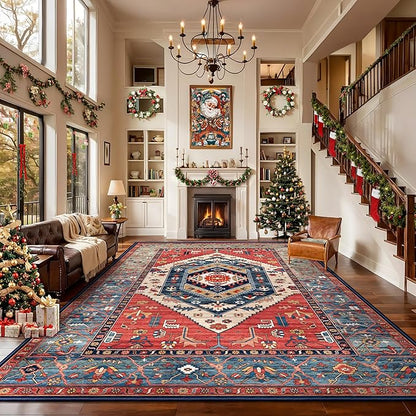 SERISSA Washable Rugs 9x12 Area Rugs, Large Non-Slip Boho Living Room Rust Rug, Ultra Soft Vintage Print Distressed Oriental Tribal Farmhouse Carpet for Dining Room Bedroom Dorm Office Home Decor