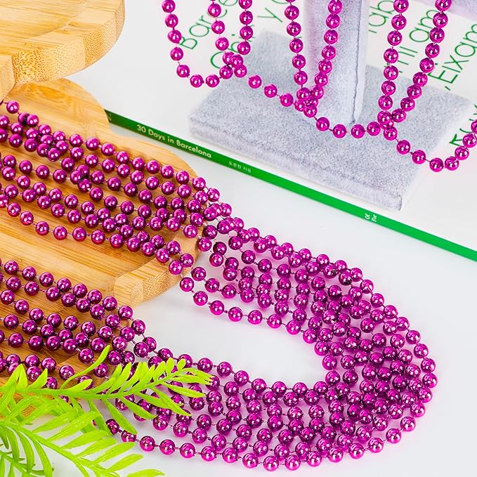 240PCS Mardi Gras Beads, Metallic Breast Cancer Awareness Bead Necklace, 33" Hot Pink Mardi Gras Necklace Stuff, Festival Parade Throw Accessories for Wedding Birthday Celebrations Decor