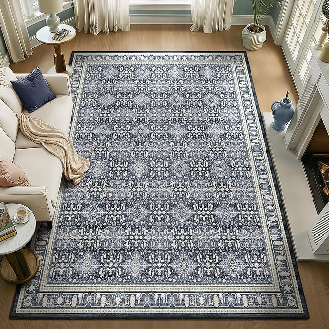 Dark Blue 7x9 Rugs for Bedroom, Washable Non Slip Low Pile Thin Area Rug for Living Room Dining Room, Carpet Rug for Playroom Guest Room Home Office, Transitional Moroccan Floral Trellis